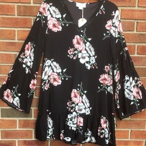 Love Riche Black Floral Bell Sleeve Ruffle Dress M